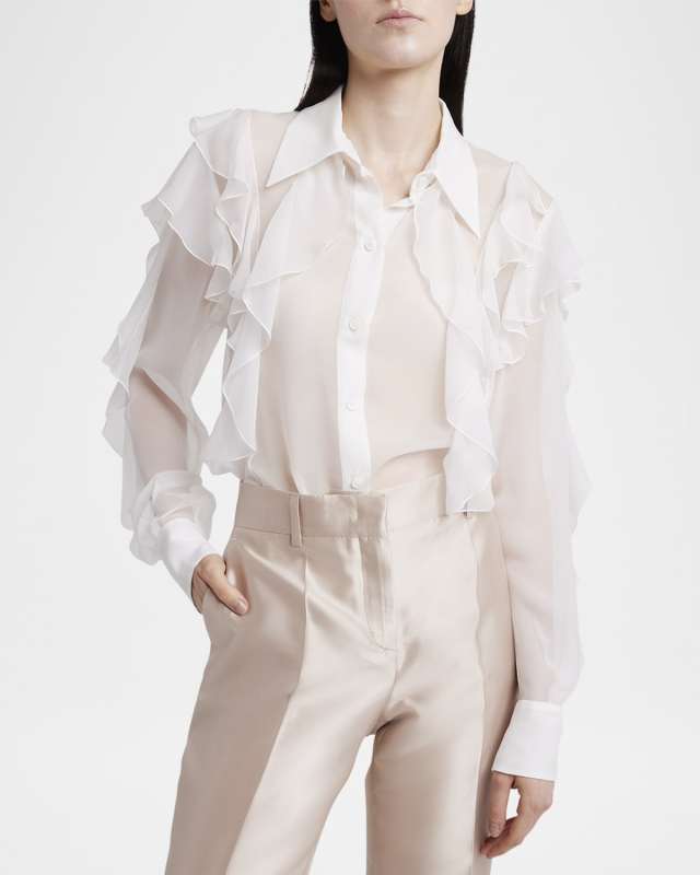 Ruffle Button-Down Chiffon Blouse